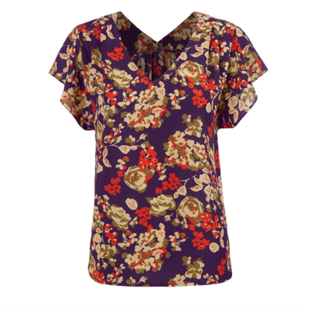 CAbi A La Mode Womens Floral V-Neck Purple Blouse, Size XL